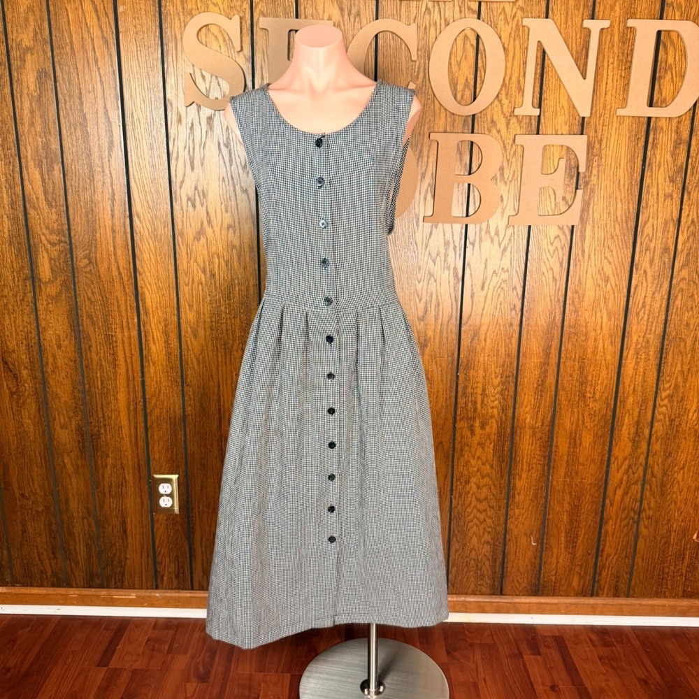 Fads Gingham Midi Dress Black White Vtg Pleated Skirt Grunge Grandma Whimsygoth